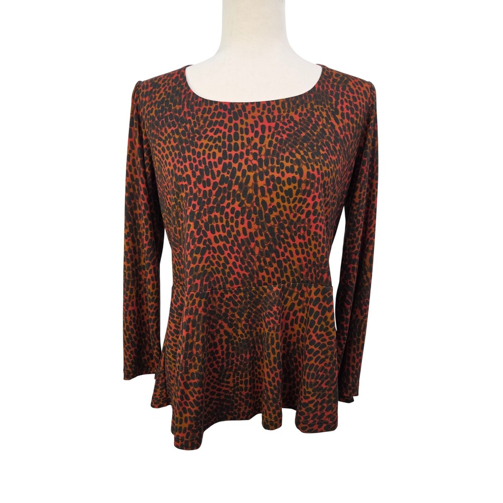 Peruvian Connection Womens Red Pima Cotton Modal Peplum Top Size M Animal Print